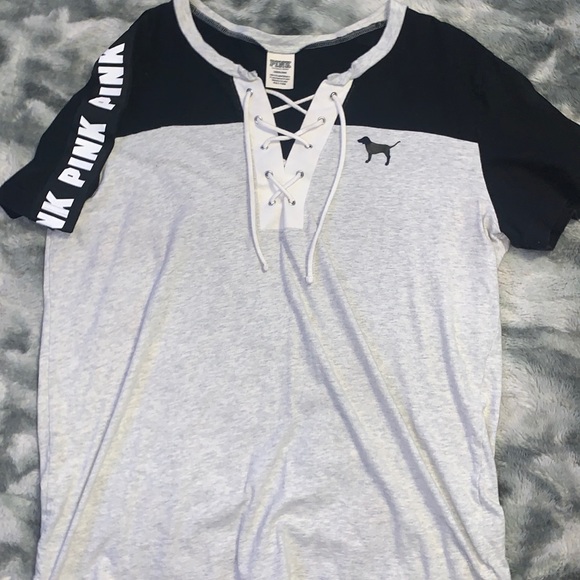 PINK CAMPUS SHORT SLEEVE LACE-UP TEE - Picture 1 of 2